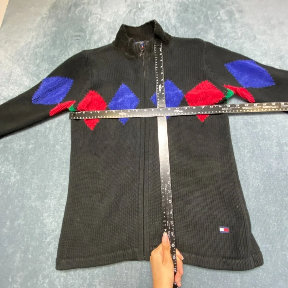 Vintage Tommy Hilfiger Sweater Mens S Black Diamond Mock Neck Knitted Full Zip